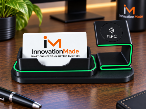 Black NFC business card holder with green accent and personalized digital vCard tap station